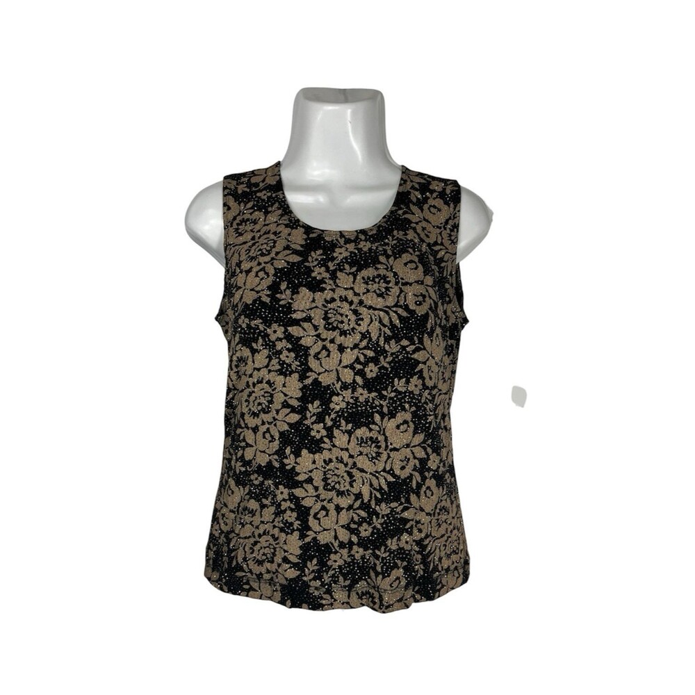 Chicos Market Floral Brocade Top Women Tank Top Size 0 Small Black Gold Metallic